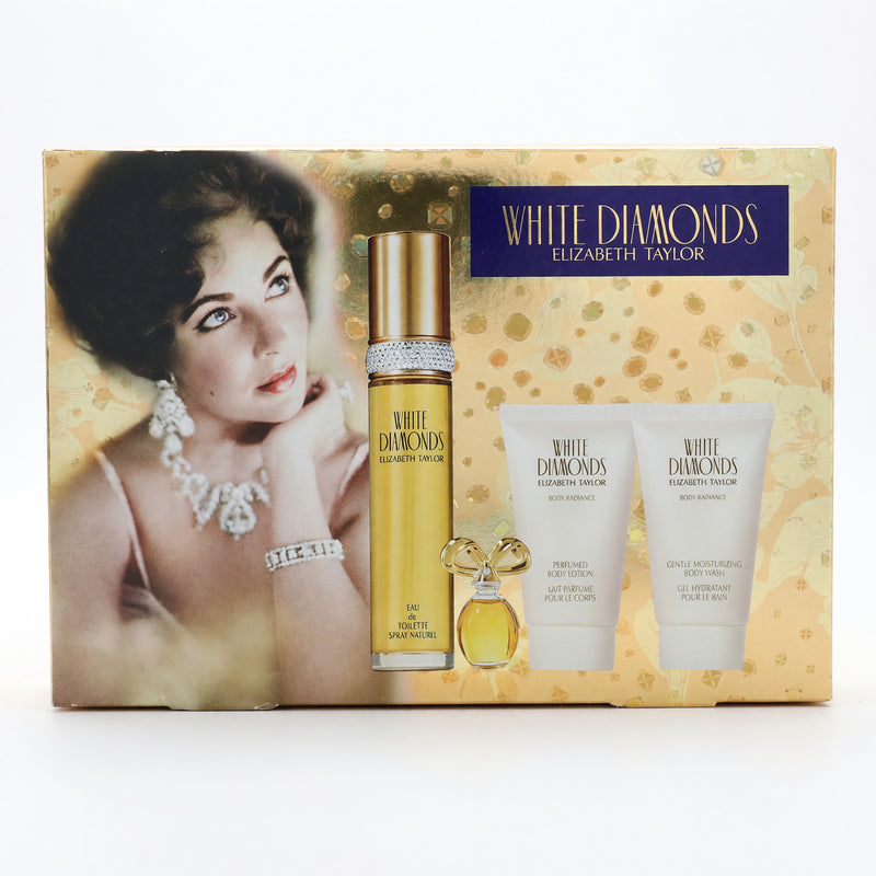 Elizabeth Taylor White Diamonds 4-piece gift set for women, includes 1.7oz perfume bottle with elegant packaging.