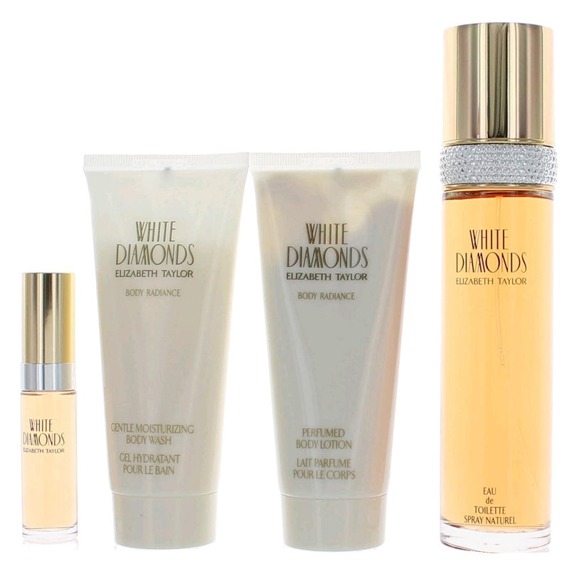 White Diamonds by Elizabeth Taylor 4-piece gift set for women, featuring a 3.4oz fragrance and elegant packaging.