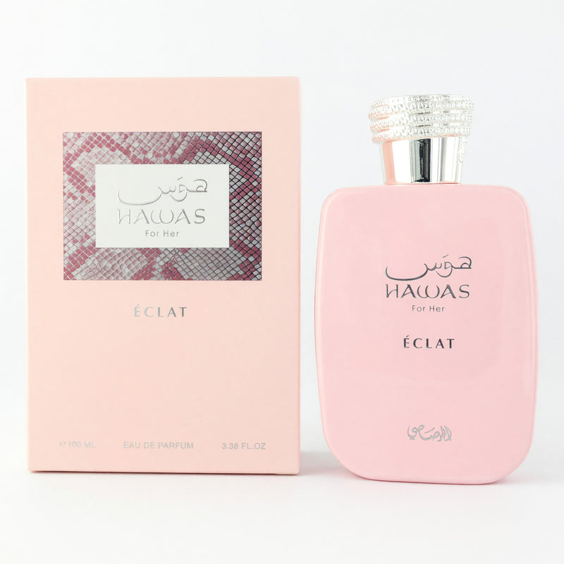 Rasasi Hawas Eclat women's 3.4 oz Eau de Parfum spray bottle with elegant packaging and floral fragrance details.