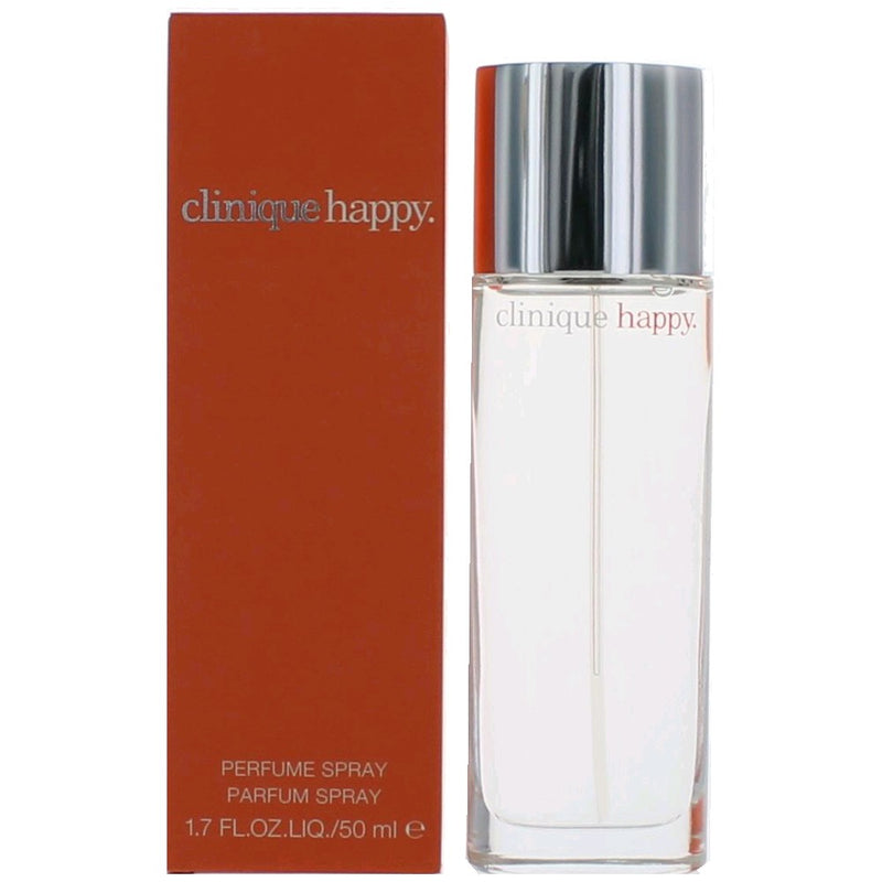 Clinique Happy 1.7 oz perfume spray for women, showcasing the physical bottle with bright, cheerful packaging and floral design.