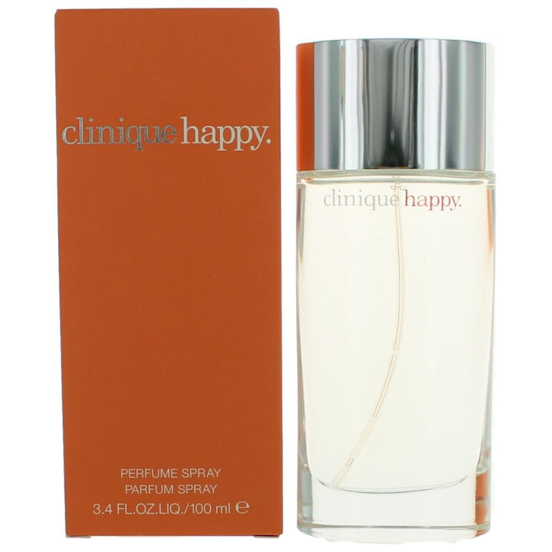 Clinique Happy 3.4 oz perfume spray for women, featuring a clear glass bottle with a silver cap and colorful floral design.
