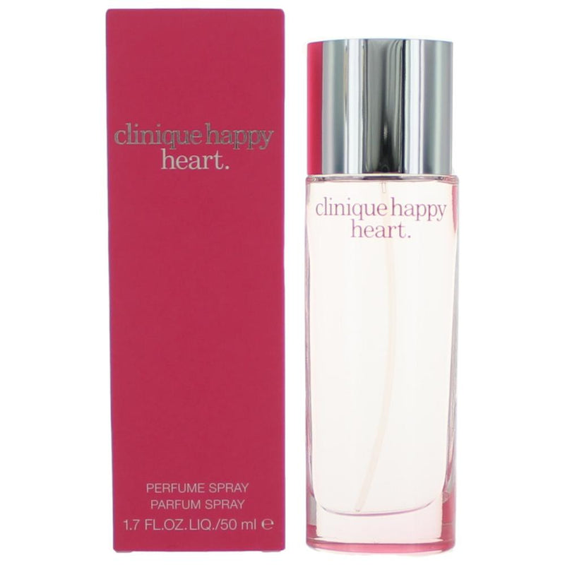 Clinique Happy Heart 1.7 oz perfume spray for women, featuring a clear glass bottle with a silver cap and floral design.