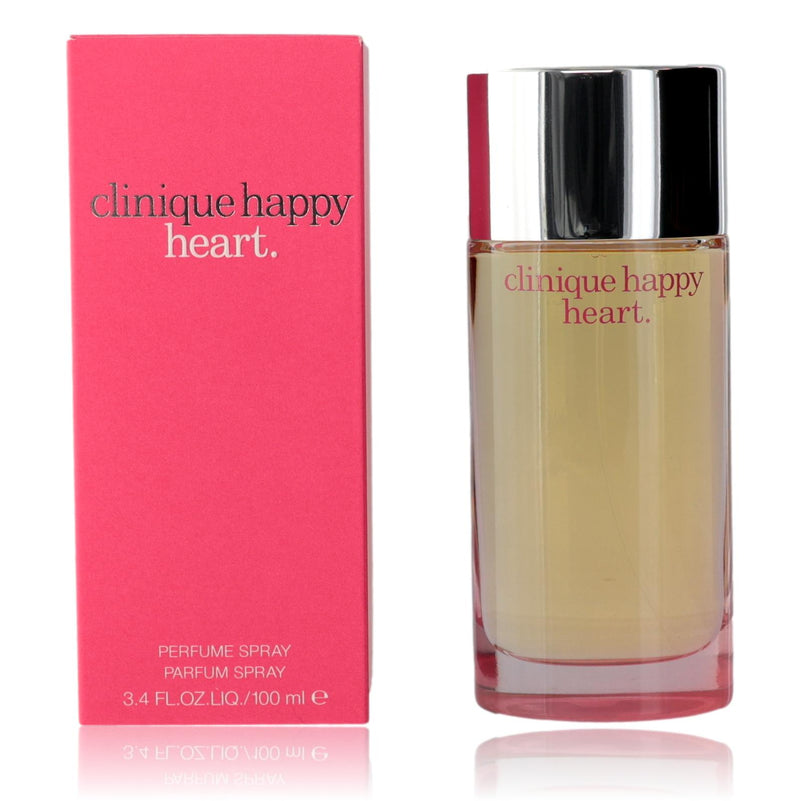 Clinique Happy Heart perfume spray for women, 3.4 oz bottle, with a clear glass container and colorful floral design.