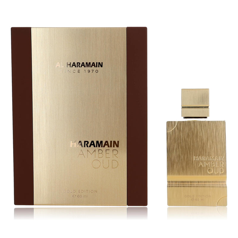 Amber Oud Gold Edition by Al Haramain 2 oz unisex EDP spray bottle, elegant gold packaging and transparent glass.