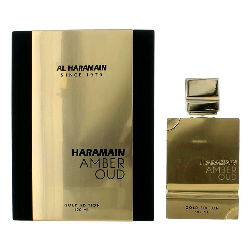 Al Haramain Amber Oud Gold Edition 4 oz unisex EDP spray bottle with golden accents and elegant packaging.