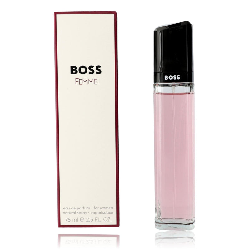 Hugo Boss Boss Femme 2.5 oz EDP spray for women, elegant perfume bottle with a sleek design and floral accents.