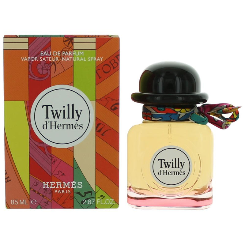 Hermes Twilly d'Hermes 2.87 oz women's Eau de Parfum spray bottle with pink cap and elegant packaging.