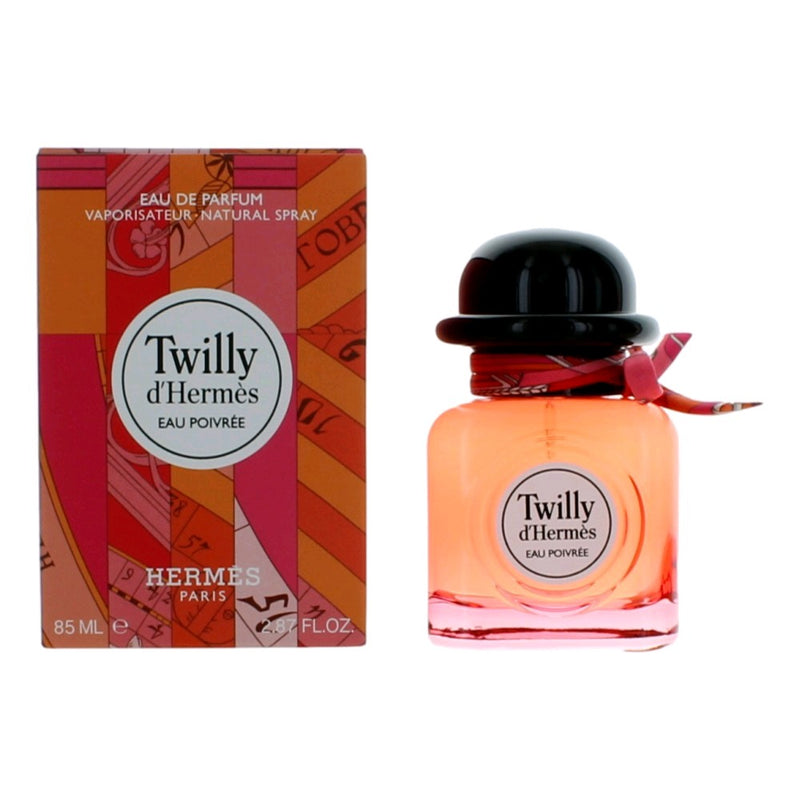 Hermes Twilly D'Hermes Eau Poivree 2.87 oz EDP spray for women, featuring a sleek glass bottle with a colorful ribbon accent.