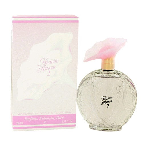Aubusson Histoire D'Amour 2 3.3 oz women’s EDT spray bottle, elegant packaging with the fragrance visible in the image.