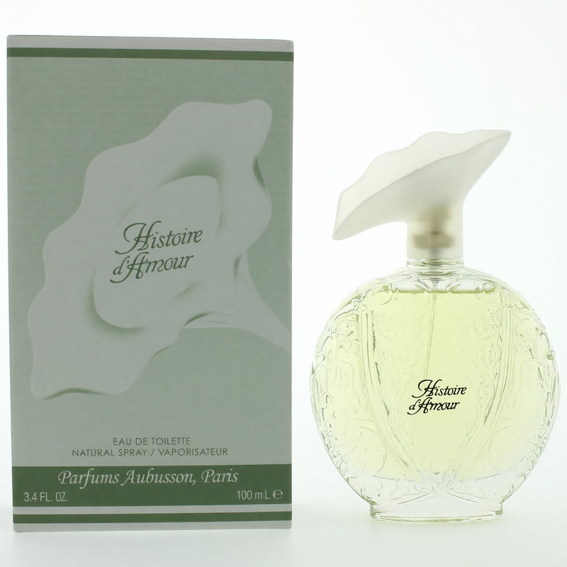 Aubusson Histoire D'Amour 3.4 oz women's EDT spray bottle with elegant packaging and floral design.