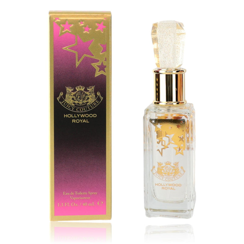 Juicy Couture Hollywood Royal 1.3 oz EDT spray for women, elegant perfume bottle with a gold cap and floral design.