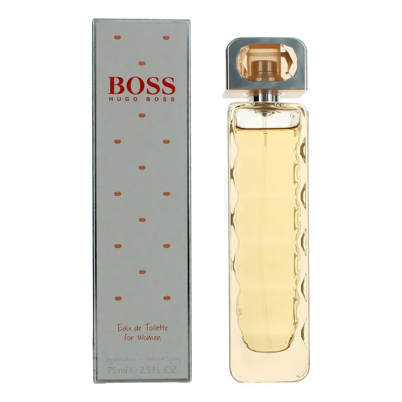 Hugo Boss Boss Orange women’s 2.5 oz EDT spray bottle with orange and black packaging, sleek and elegant design.