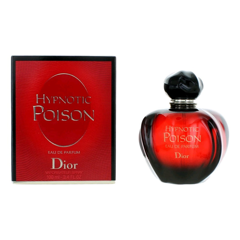 Christian Dior Hypnotic Poison 3.4 oz Eau de Parfum spray for women, featuring a sleek glass bottle with a dark, elegant design.