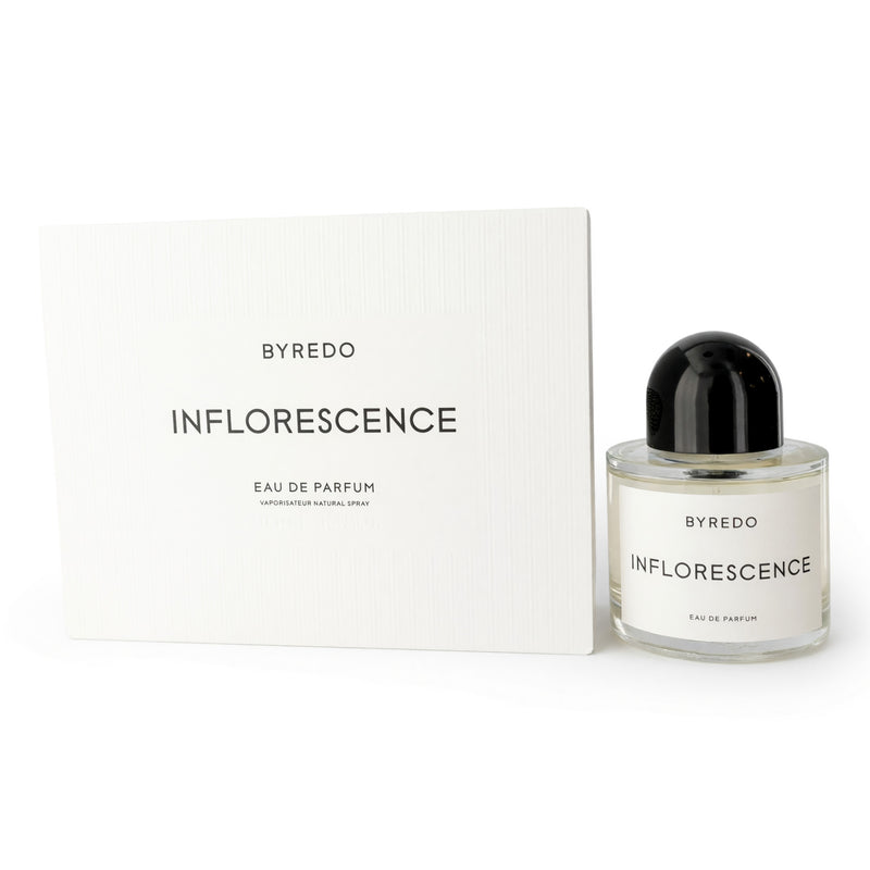 Byredo Inflorescence 3.4 oz EDP spray for women, elegant glass bottle with floral-inspired design and silver cap.