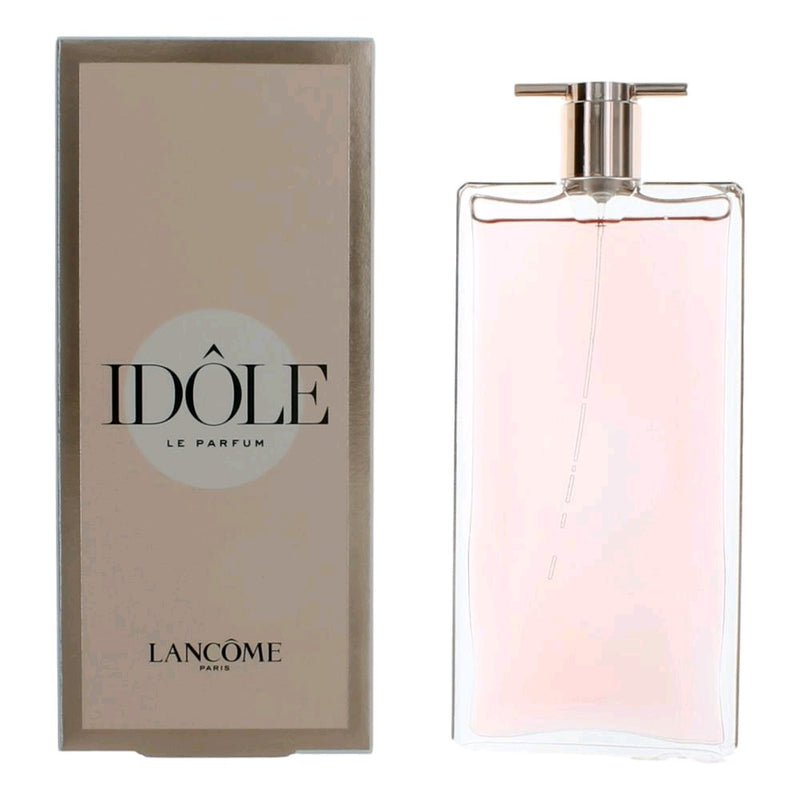 Lancome Idole Le Parfum spray for women, 1.6 oz bottle, elegant packaging with a sleek design and floral accents.