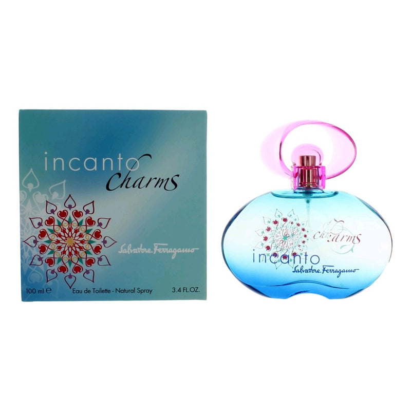 Salvatore Ferragamo Incanto Charms 3.4 oz EDT spray for women, featuring elegant perfume bottle with a charming design.