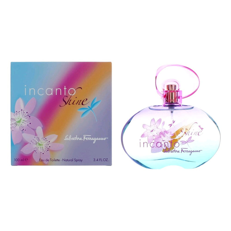 Salvatore Ferragamo Incanto Shine 3.4 oz EDT spray for women, featuring the elegant perfume bottle with a shiny finish.