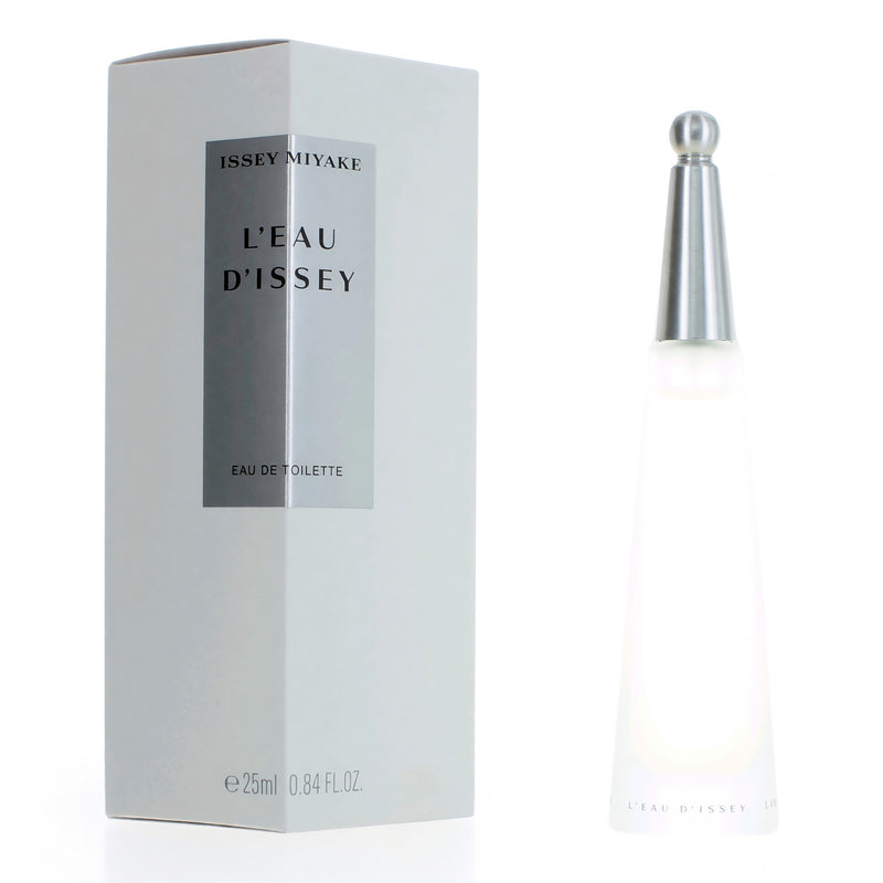 Issey Miyake L'eau D'Issey women’s 0.84 oz EDT spray bottle with clear cap and elegant packaging.