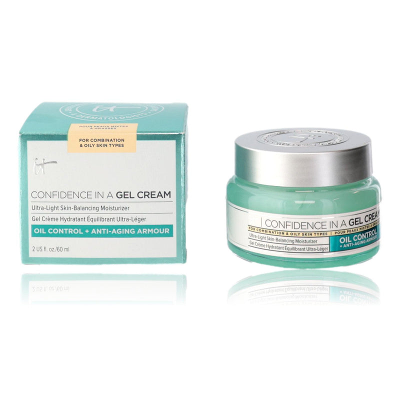 It Cosmetics Confidence in a Gel Cream facial moisturizer in a 2oz jar, with a smooth, lightweight gel texture and clean design.