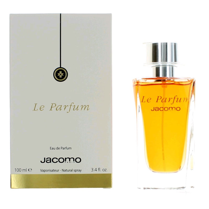 Jacomo Le Parfum women's 3.4 oz EDP spray bottle, elegant fragrance packaging, visible spray nozzle and cap.