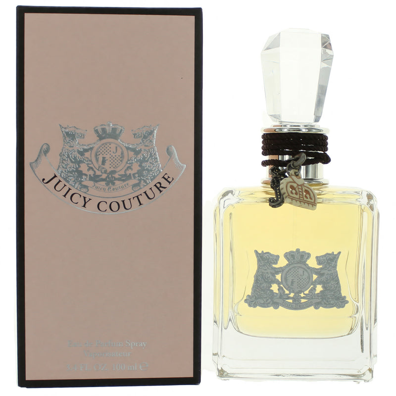 Juicy Couture 3.4 oz women's EDP spray bottle with pink and gold packaging, elegant floral design, and Juicy Couture branding.