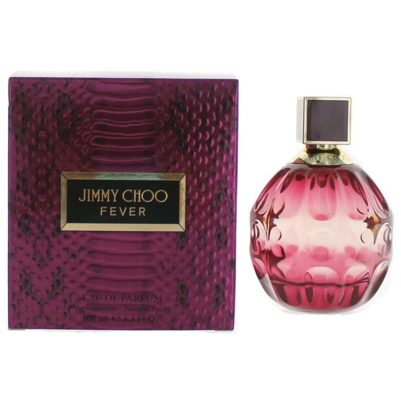 Jimmy Choo Fever women's 3.3 oz Eau de Parfum spray bottle with elegant packaging and gold accents.
