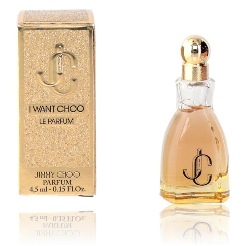 Jimmy Choo I Want Choo Le Parfum splash bottle for women, 0.15 oz, elegant perfume container with floral and fruity design.