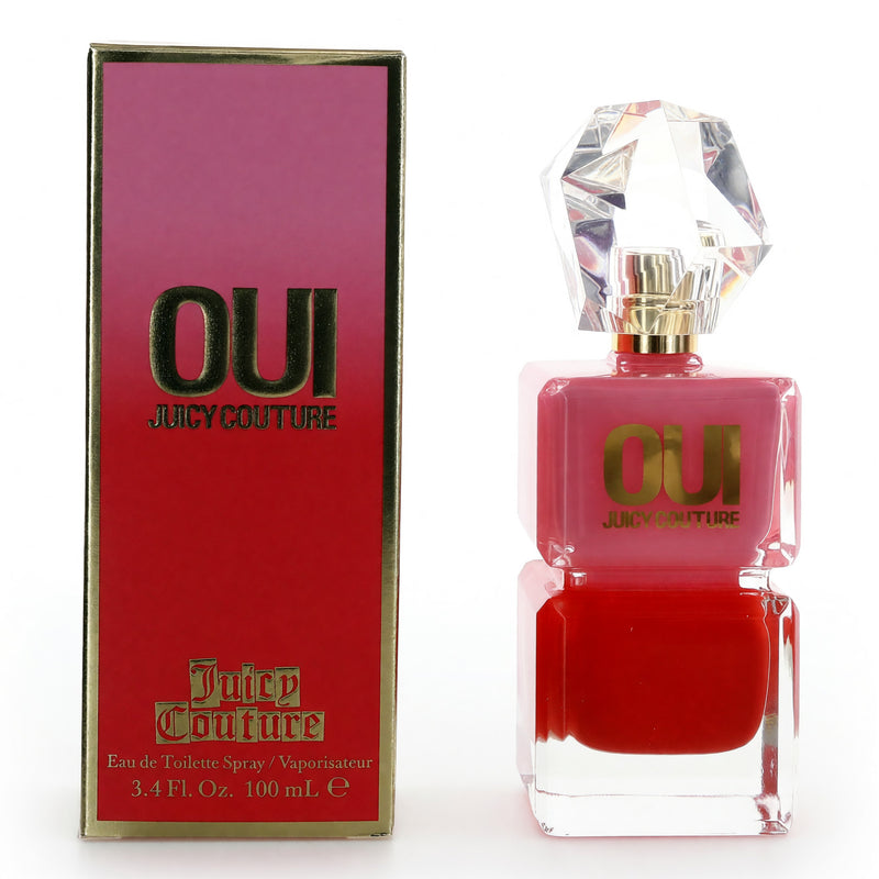 Juicy Couture Oui 3.4 oz EDT spray for women, featuring elegant bottle design and floral fragrance elements.