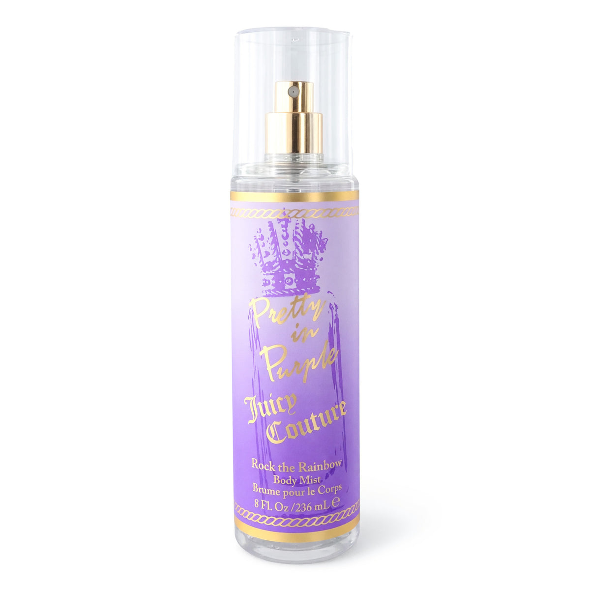 Juicy Couture Pretty In Purple 8 oz fragrance mist for women, with a sleek purple spray bottle and floral design.