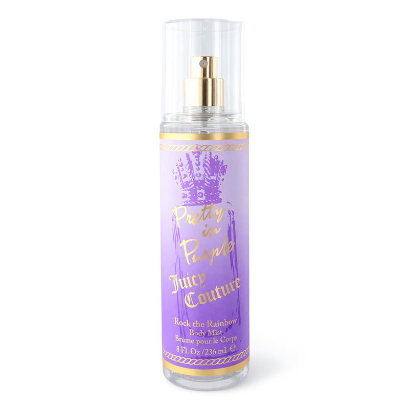 Juicy Couture Pretty In Purple 8 oz fragrance mist for women, with a sleek purple spray bottle and floral design.