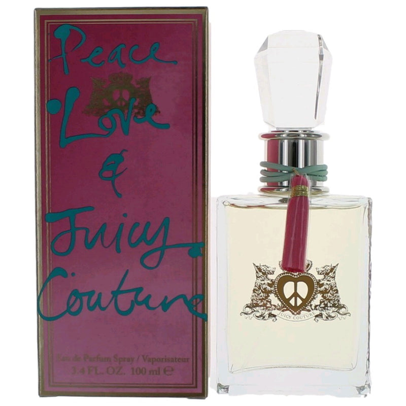Juicy Couture Peace Love & Juicy Couture 3.4oz women's EDP spray bottle, elegant fragrance packaging.