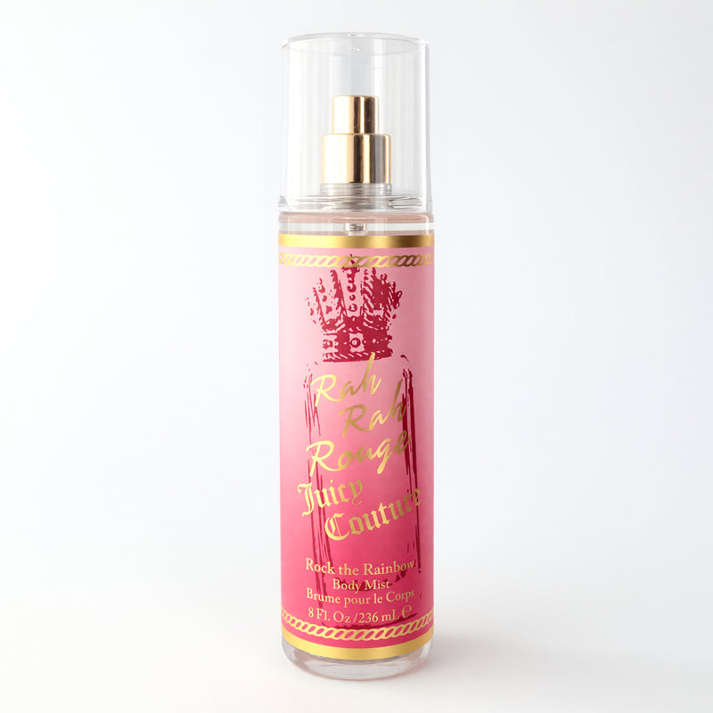 Juicy Couture Rah Rah Rouge 8 oz body mist for women, featuring a colorful floral bottle and vibrant packaging.