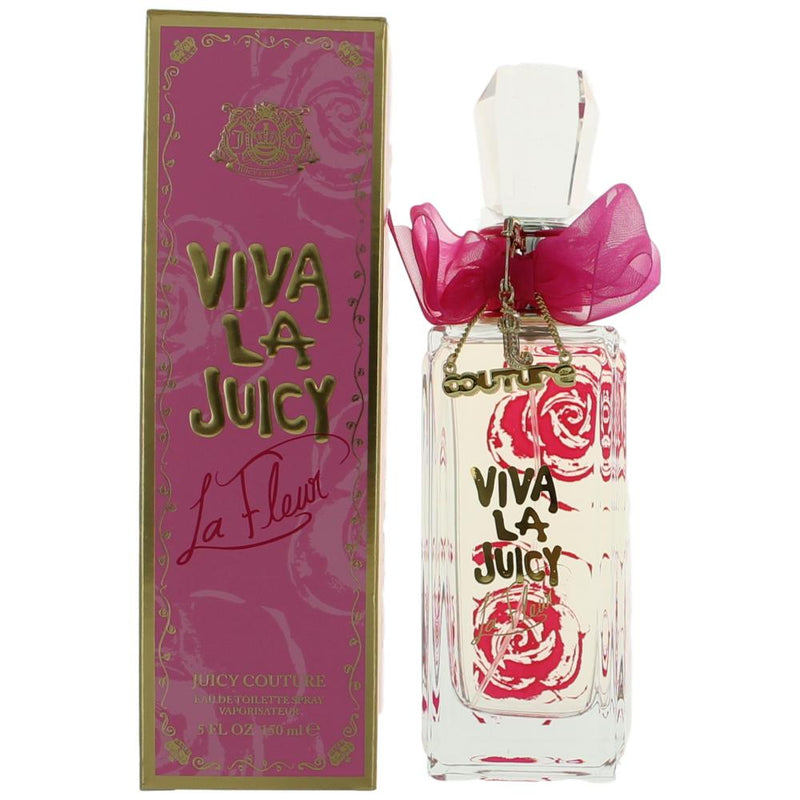 Juicy Couture Viva La Juicy La Fleur 5 oz EDT spray for women, featuring a decorative bottle with floral design and gold accents.