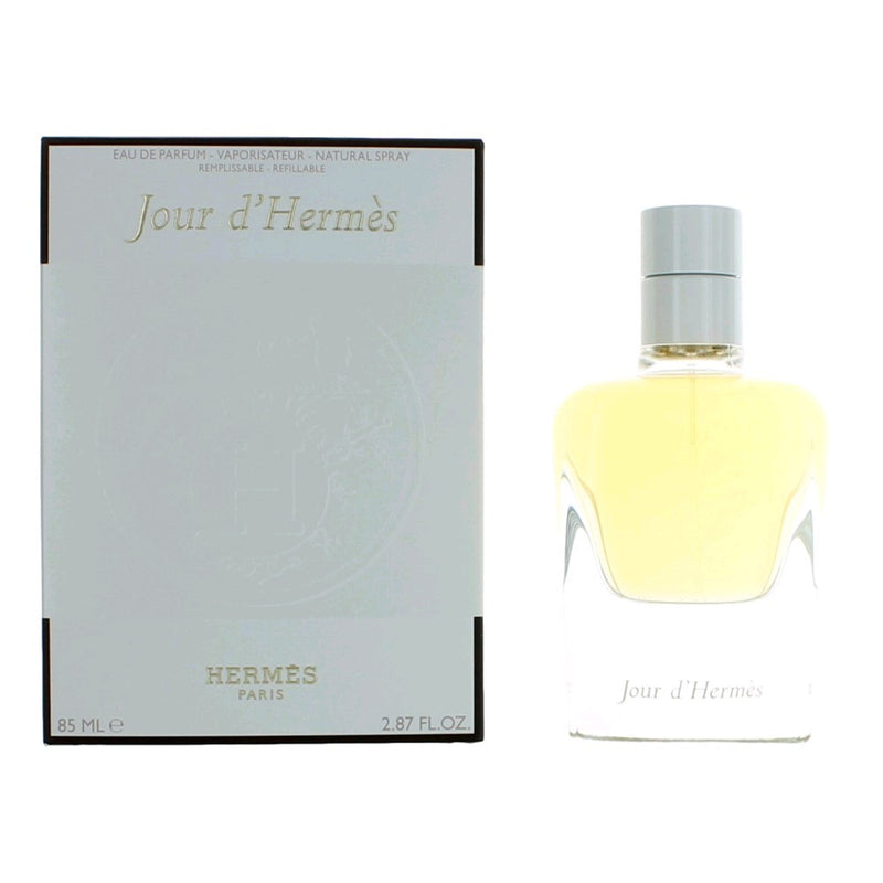 Hermes Jour D'Hermes 2.87 oz refillable EDP spray for women with elegant glass bottle and silver cap.