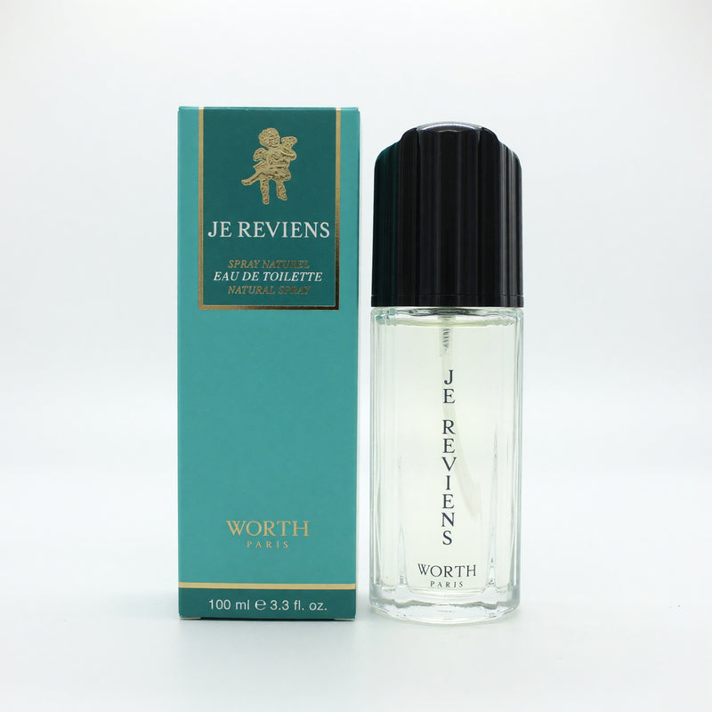 Worth Je Reviens 3.3 oz EDT spray for women, elegant glass bottle with a classic design and floral accents.