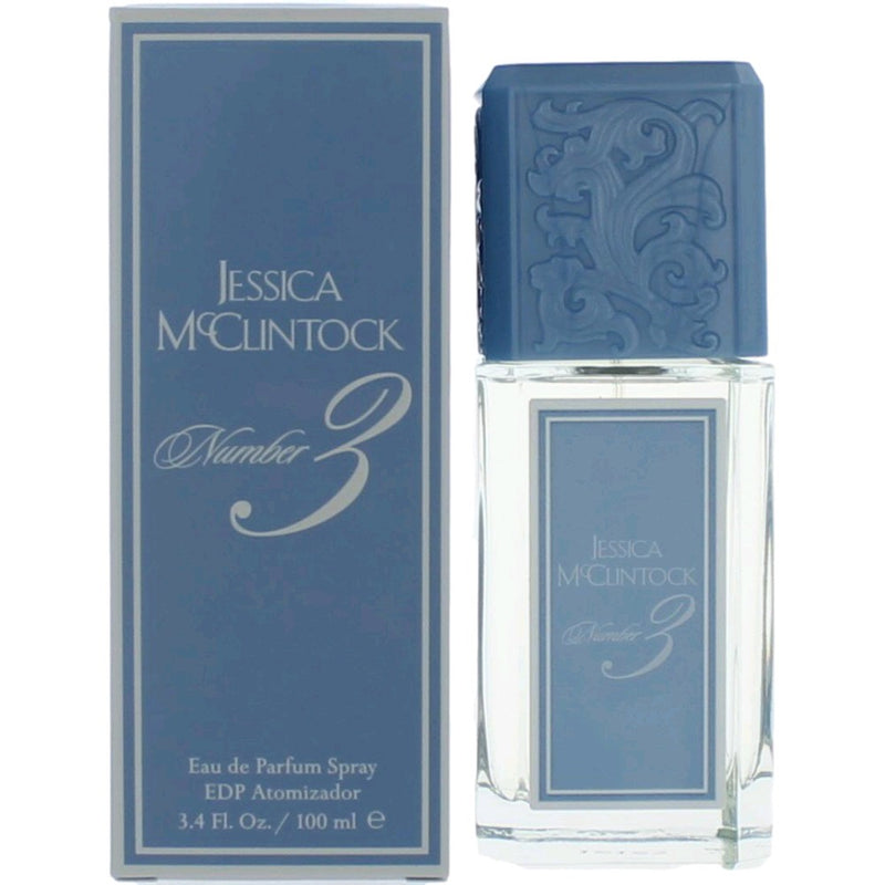 Jessica McClintock Number 3 women’s 3.4oz EDP spray bottle with elegant packaging, showcasing the floral fragrance design.