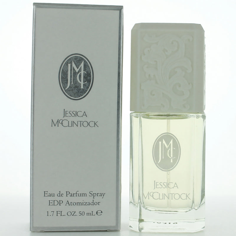 Jessica McClintock women's 1.7 oz EDP spray bottle, elegant perfume packaging with floral design.