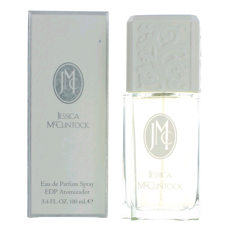 Jessica McClintock women's 3.4 oz EDP spray bottle, elegant packaging for Jessica McClintock perfume.