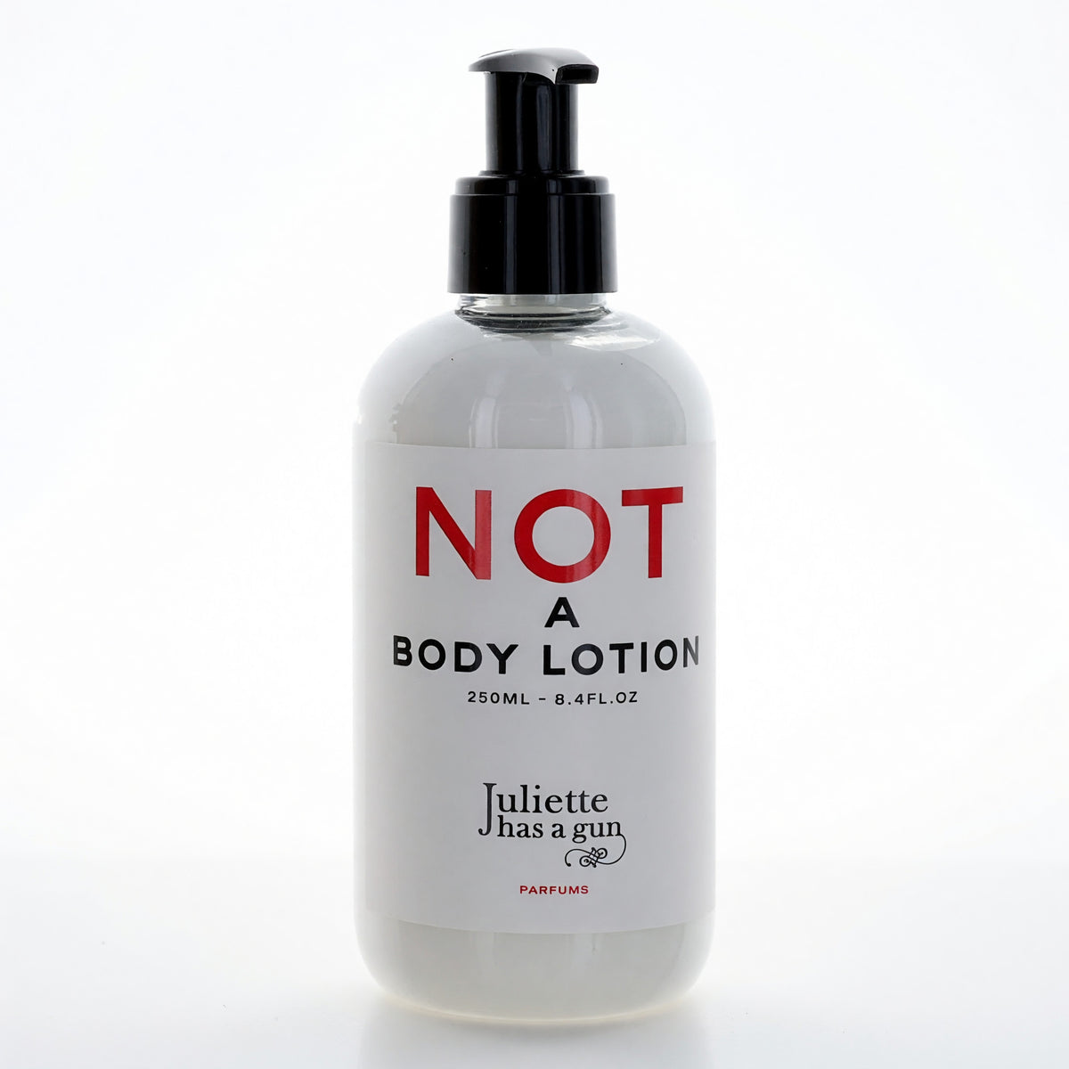 Juliette Has a Gun Not A Body Lotion bottle, 8.4 oz physical body lotion for women with sleek packaging and minimalist design.