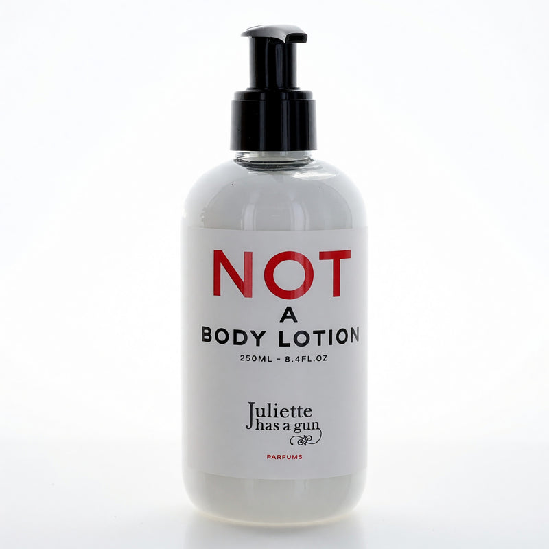 Juliette Has a Gun Not A Body Lotion bottle, 8.4 oz physical body lotion for women with sleek packaging and minimalist design.