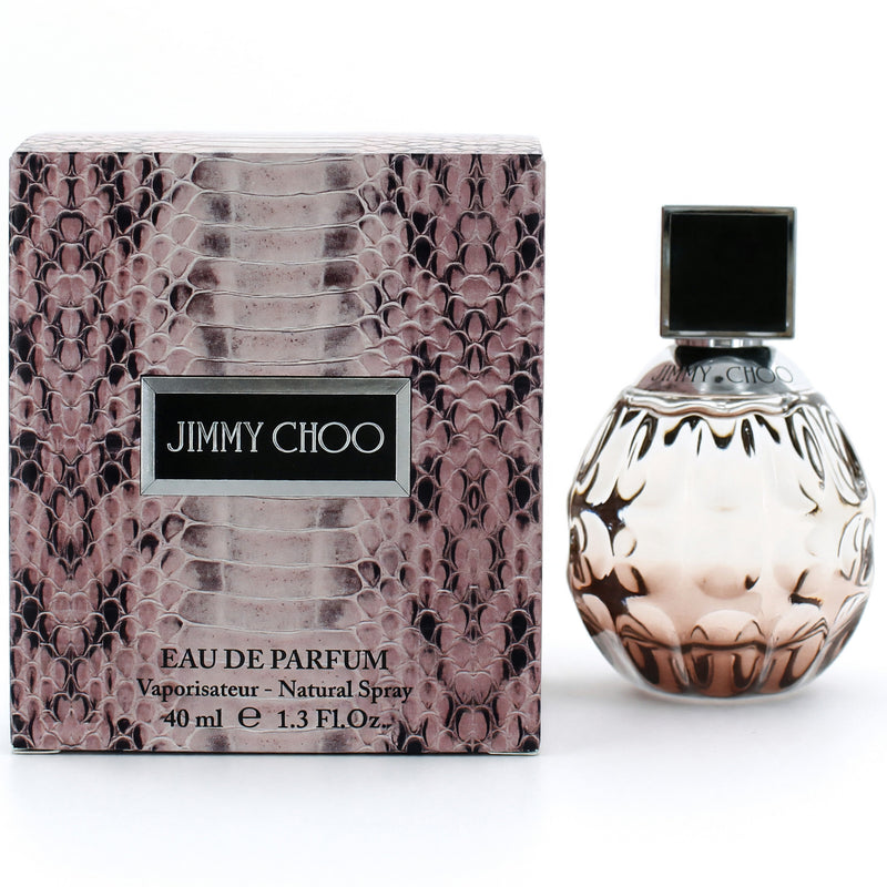 Jimmy Choo women's 1.33 oz EDP spray bottle, elegant perfume with a sleek design, showcasing the Jimmy Choo branding.