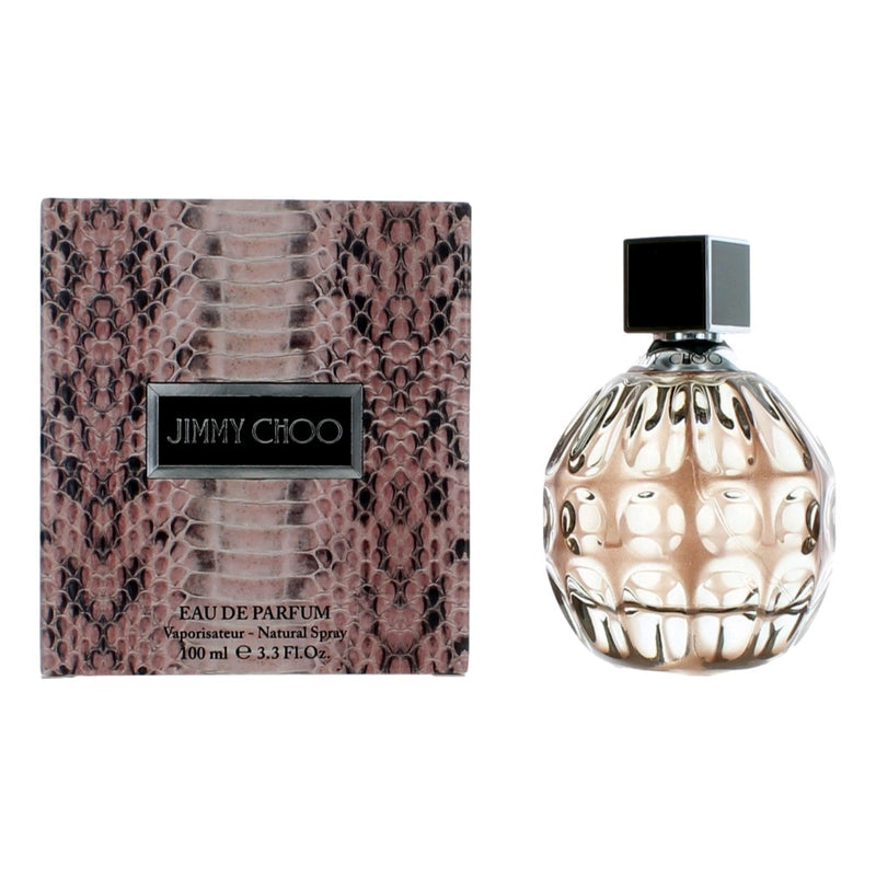 Jimmy Choo women's 3.3 oz Eau de Parfum spray bottle with sleek design and elegant packaging.