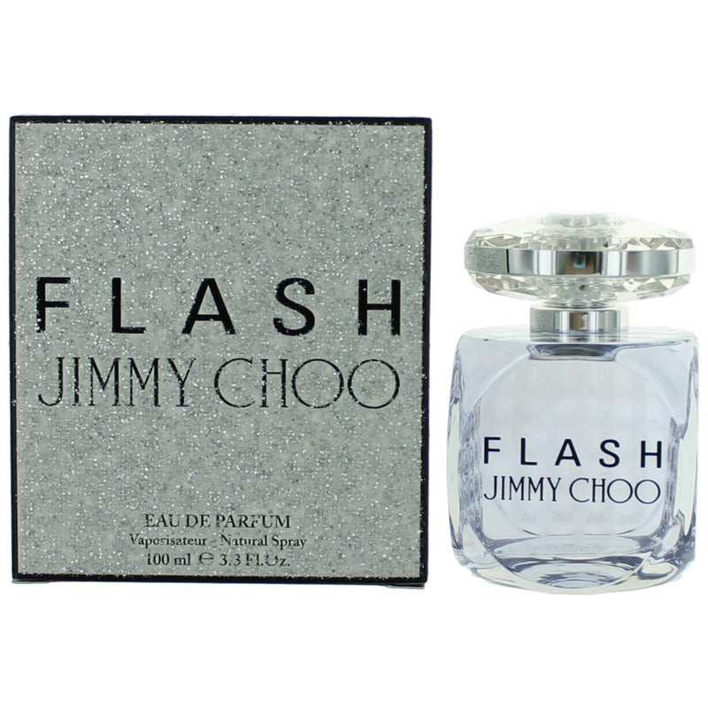 Jimmy Choo Flash women’s 3.3 oz eau de parfum spray bottle, elegant glass design with silver accents, showcases luxury fragrance.