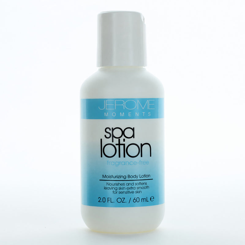 Fragrance-free Jerome Moments Spa Lotion in 2oz bottle, suitable for women, with a smooth, hydrating texture.