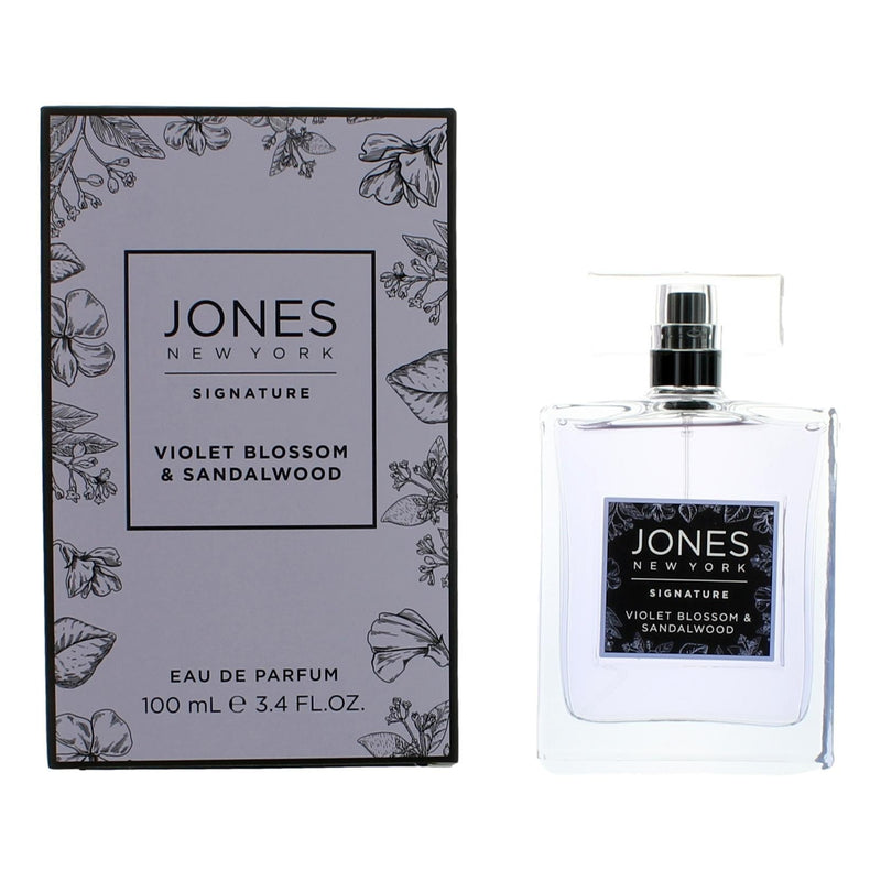Jones New York Violet Blossom & Sandalwood women's 3.4oz EDP spray bottle with floral and woody fragrance.