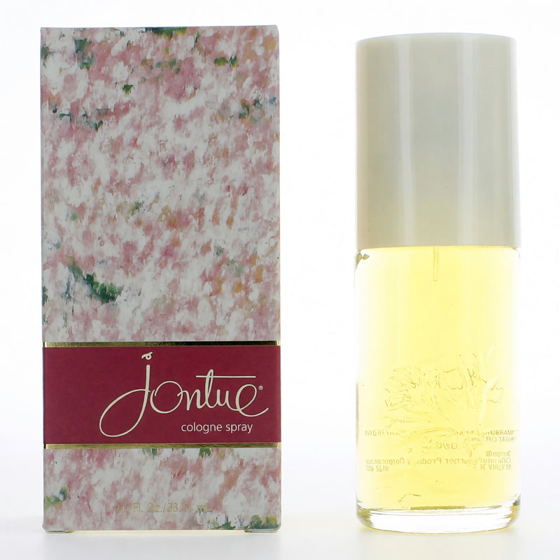 Revlon Jontue women’s 2.3 oz cologne spray bottle, elegant packaging with floral design and silver accents.