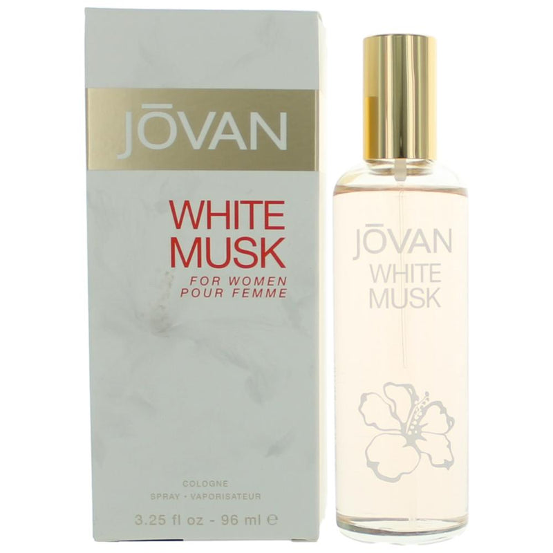 Jovan White Musk cologne spray for women by Coty, 3.2 oz bottle with white and silver packaging, displayed on a plain background.