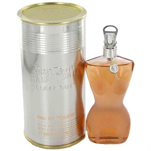 Jean Paul Gaultier Women's 3.4 oz EDT spray bottle with floral and oriental fragrance design, sleek transparent packaging.