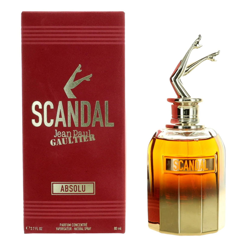 Jean Paul Gaultier Scandal Absolu 2.7oz Parfum Concentre spray for women, elegant perfume bottle with gold accents.