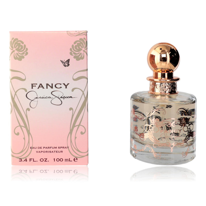 Jessica Simpson Fancy 3.4 oz women's EDP spray bottle with elegant packaging and spray nozzle.